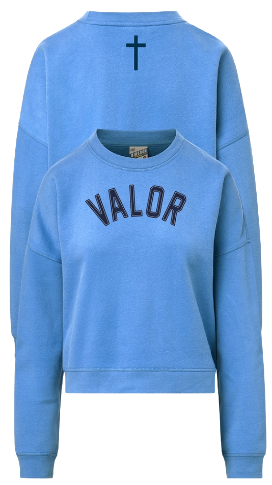 Women's Vintage Appliqué Throwback Crewneck with Cross - Columbia Blue