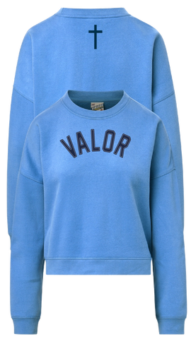 Women's Vintage Appliqué Throwback Crewneck with Cross - Columbia Blue