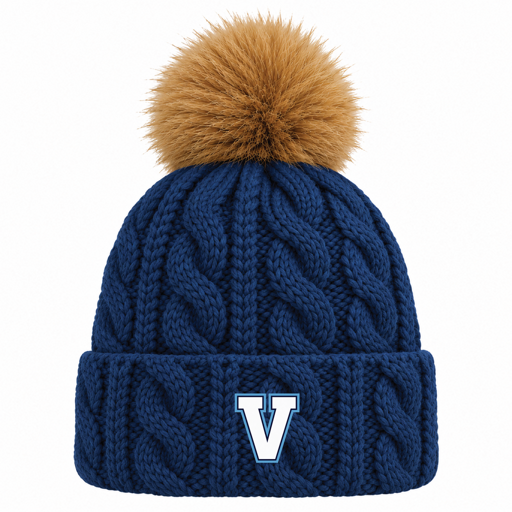 Five1Four Navy Blue Knit Beanie with Faux Fur Pom